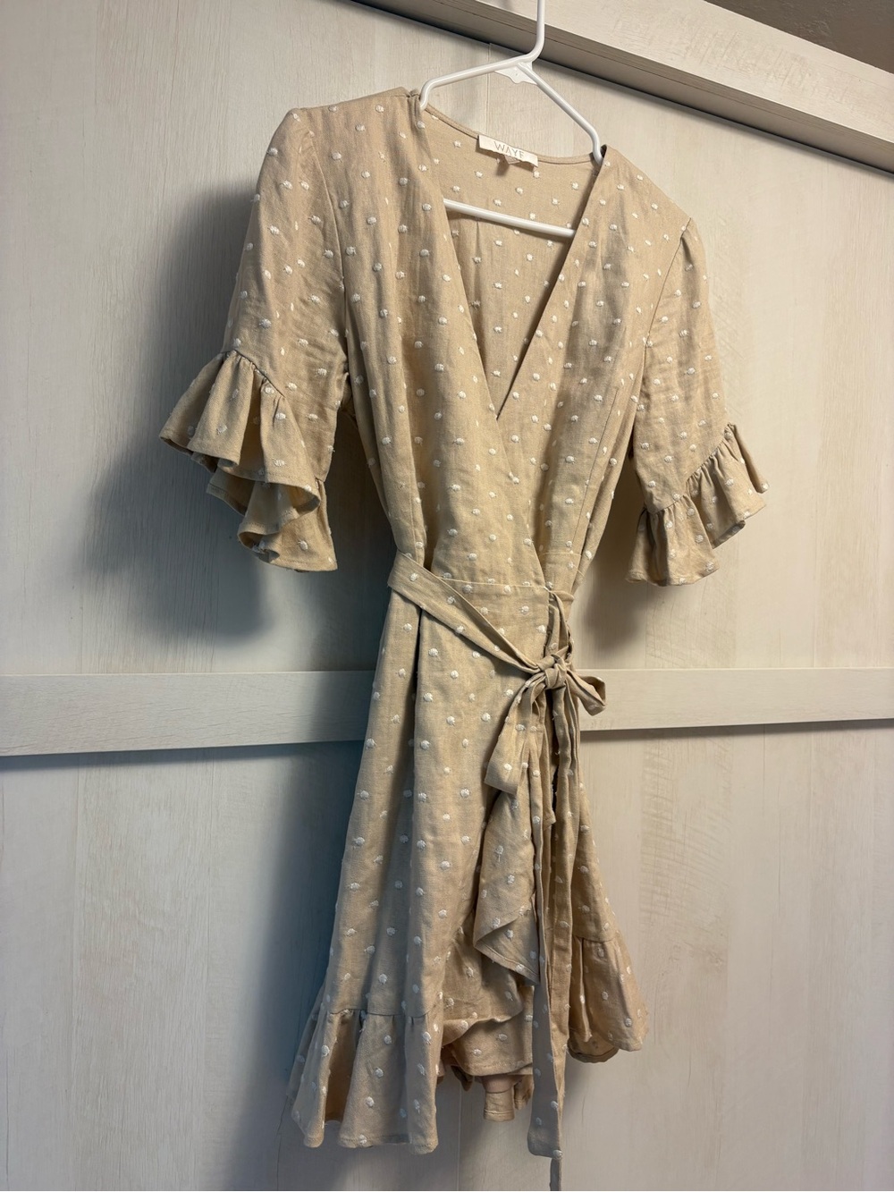 Anthropology WAYF Mini Ruffle Wrap Dress  Sand white Polkadot Size Medium